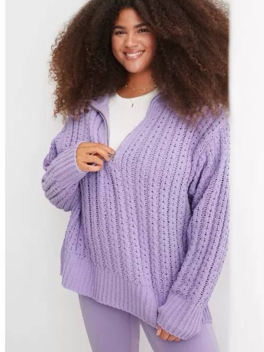 aerie Lavender Open-Knit Cowl Quarter Zip Sweater